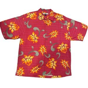 Tommy Bahama Silk Hawaiian Shirt Large Unique Red Orange Green Floral Pattern